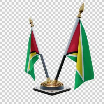 Guyana 3d illustration flag on pole. Wood flagpole 库存插图