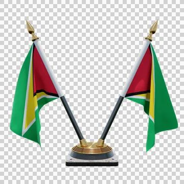 Guyana 3d illustration flag on pole. Wood flagpole Stock-Illustration
