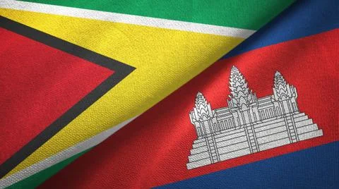 Guyana and Cambodia two flags textile cloth, fabric texture Stock Illustration