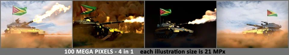 Guyana army concept - 4 illustrations of heavy tank with Guyana flag Stock Illustration