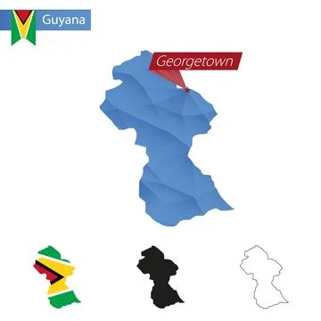 Guyana blue Low Poly map with capital Georgetown. Illustration