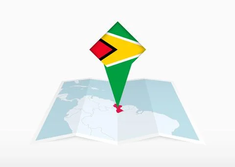 Guyana is depicted on a folded paper map and pinned location marker with fl.. Stock Illustration