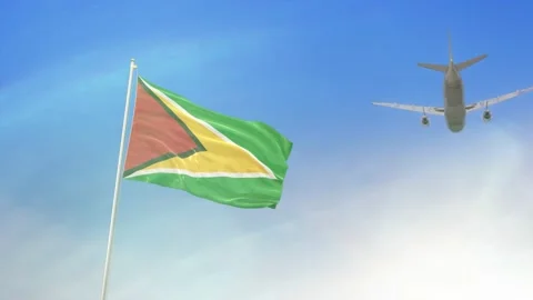 Guyana Flag With Airplane Video stock 131627607