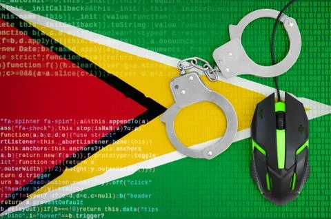 Guyana flag  and handcuffed computer mouse. Combating computer crime, hackers Stock-Fotos