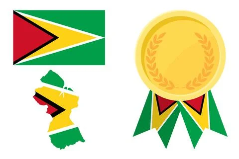 Guyana flag with map and gold medal in set for web and banners or app and gam Stock Illustration
