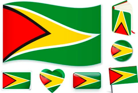 Guyana flag wave, book, circle, pin, button, heart and sticker. Stock Illustration