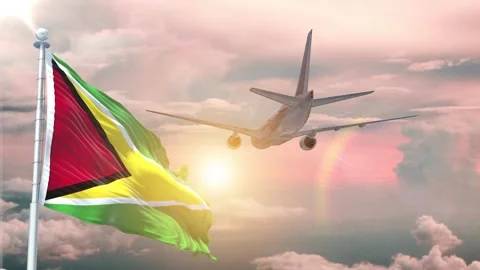 Guyana flag Waving Realistic With Sky Plane Takes Off At Sunrise Stock Footage 294599745