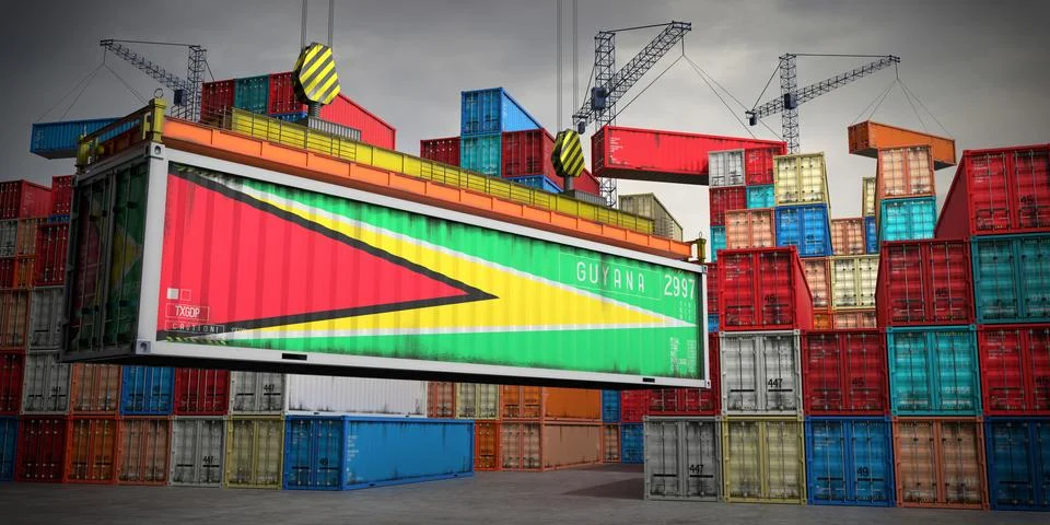 Guyana - freight container in cargo terminal - 3D illustration Stock Illustration