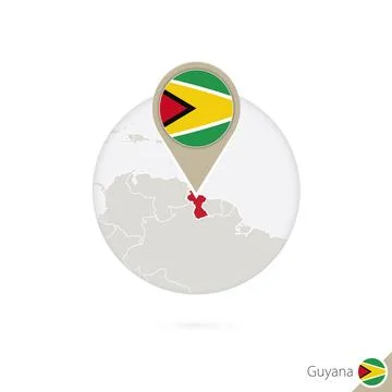 Guyana map and flag in circle. Map of Guyana, Guyana flag pin. Map of Guyan.. Stock Illustration