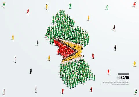 Guyana Map and Flag. A large group of people in the Guyana flag color. Stock Illustration