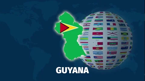 Guyana map border animation with rotating flag globe on blue background Stock Footage 328238346