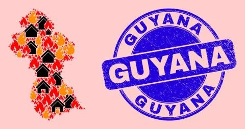 Guyana Map Collage of Flame and Realty and Textured Guyana Seal Stamp Ilustração Stock