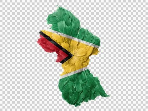 Guyana map flag with feathers on transparent background, 3d rendering. Stock Illustration