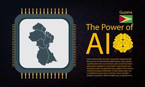 Guyana map with microchip war and AI concept on circuit board, Power of AI .. Stock Illustration