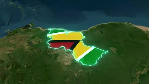 Guyana map outline animated with flag colors over satellite footage Video stock 339575500