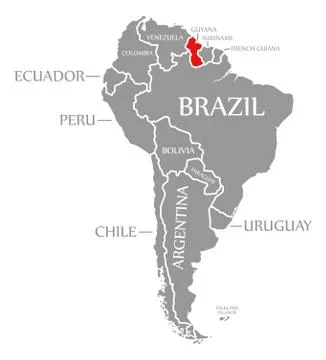 Guyana red highlighted in continent map of South America 库存插图