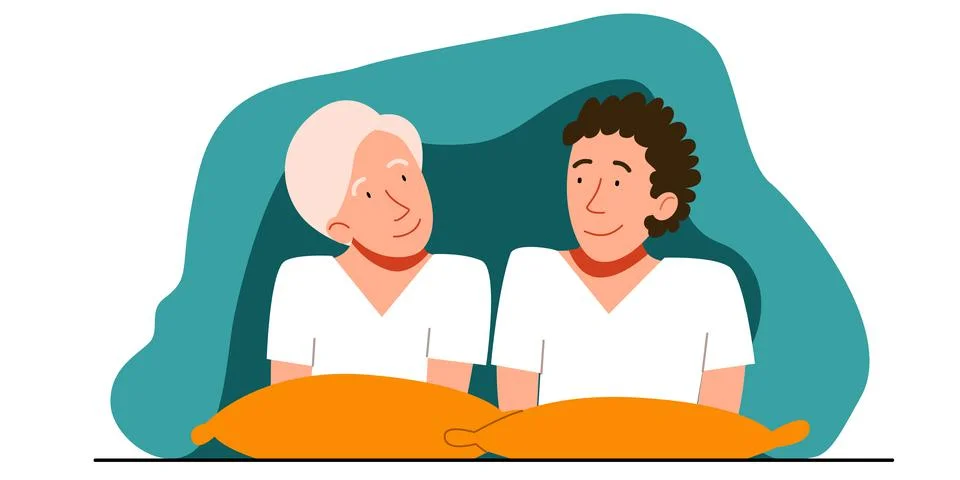 The guys are having a nice conversation under the blanket. Stock Illustration