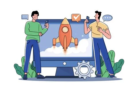 Guys Are Launching A Startup On A Virtual Screen Stock Illustration