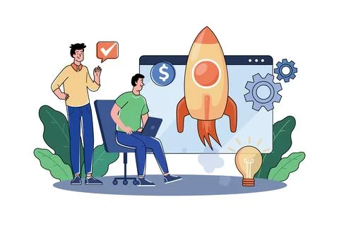 Guys Are Launching A Startup On A Virtual Screen Stock Illustration