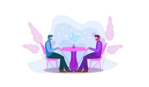 Guys are sitting at a table in a cafe drinking coffee. Men in a restaurant Stock Illustration