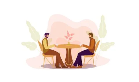 Guys are sitting at a table in a cafe drinking coffee. Restaurant men Stock Illustration