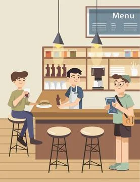 Guys at bar counter of cafe drinking and eating. Bartender Serves Drinks. Stock Illustration