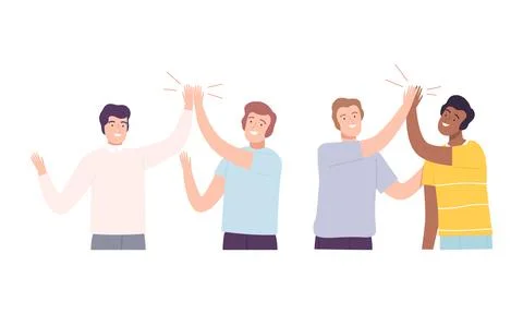 Guys giving high five set. Meeting of friends, informal greeting, command Illustrazione stock