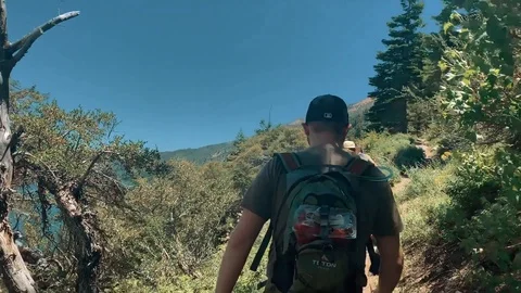Guys Hiking by Beautiful Lake Stock Footage