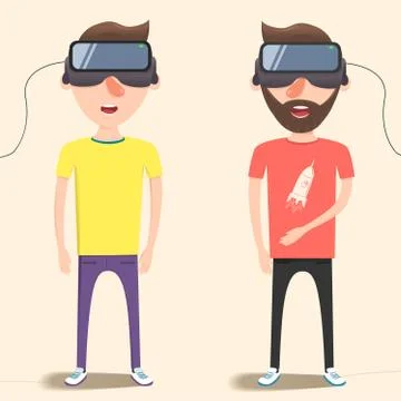 Guys with isometric virtual reality headset. Vector flat illustration イラスト素材
