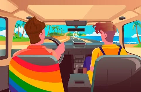 Guys with lgbt rainbow flag inside car enjoying road trip on summer holiday gay Stock Illustration