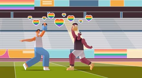 Guys lovers doing physical exercises with dumbbells on stadium gays love parade Stock Illustration