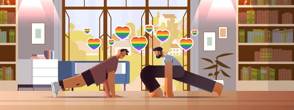 Guys lovers doing physical exercises gay love parade transgender LGBT concept Stock Illustration