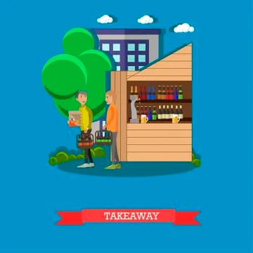 Guys ordered beer takeaway. Brewery and street restaurant concept vector Stock Illustration