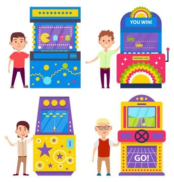 Guys Playing Different Arcade Game Machines Vector Illustrazione stock