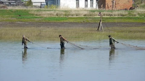 Guys pull the net on the lake Stock Footage 81422730