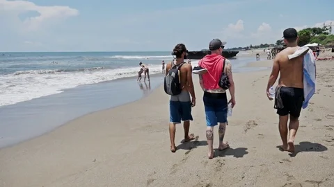 Guys Walking Beach Vacation Summer Travel Slowmotion Stock Footage 70732566