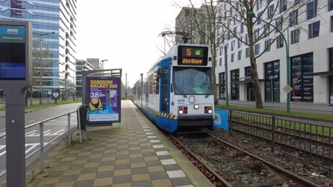 GVB tram arriving at tram stop in Amsterdam Zuid during daytime in winter. Stock Footage 211672846