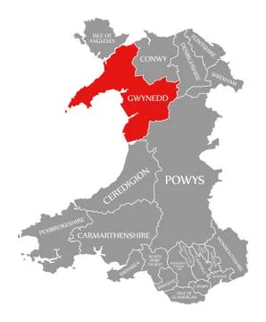 Gwynedd red highlighted in map of Wales Stock Illustration