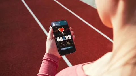 Gym application. Smart phone screen with fitness health or sport gym mobile a Stock Photos