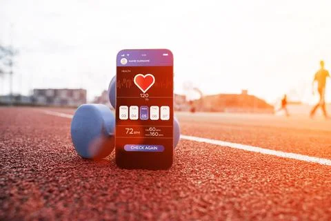 Gym application. Smart phone screen with fitness health or sport gym mobile a Stock Photos