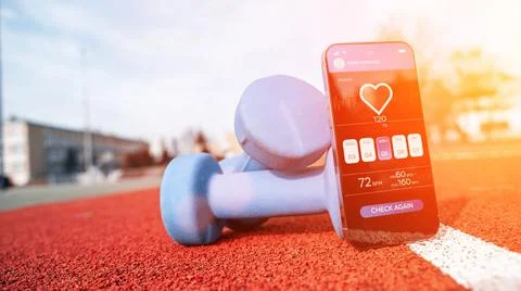 Gym application. Smart phone screen with fitness health or sport gym mobile 写真素材