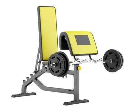 Gym arm curl bench with barbell isolated on white background Stock Illustration