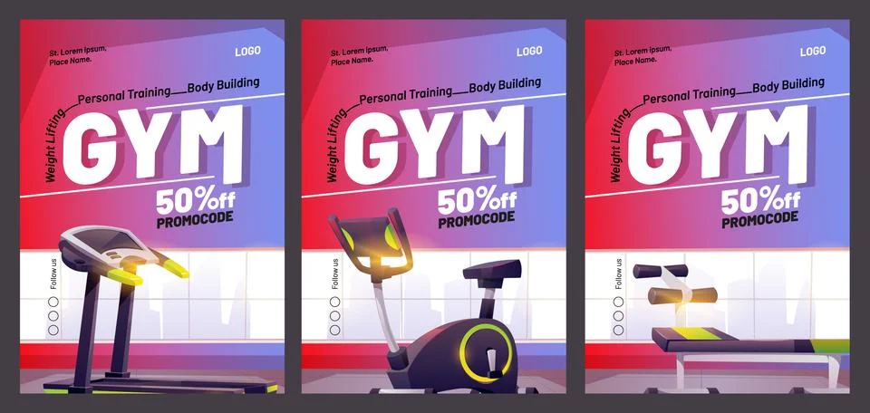 Gym cartoon poster with treadmill. Promo flyer Stock Illustration