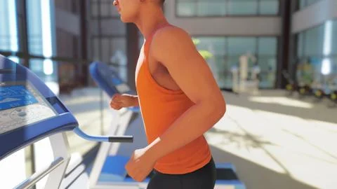 Gym with different exercise machines in it and a sportsman running on the Stock Illustration