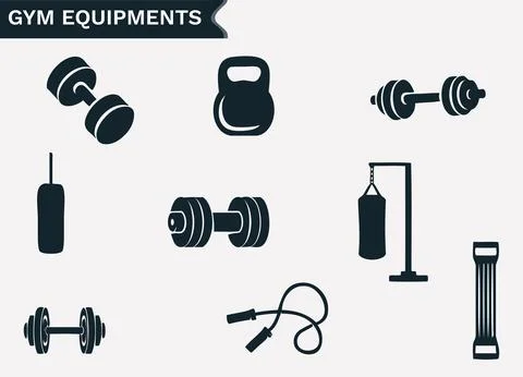 Gym equipment vector icon set on white background. Set of 9 vector icons Stock Illustration