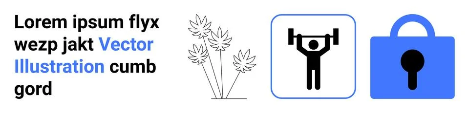 Gym Exercise, Security Lock Icon, and Text with Decorative Plant Illustration イラスト素材