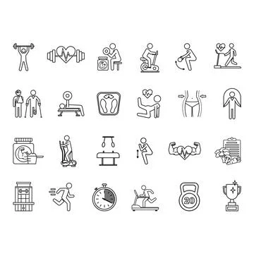 Gym Icon Set. Vector Illustrations Fitness, Weightlifting, Elliptical Bike,.. Stock Illustration