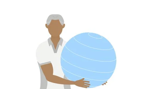 Gym instructor senior man pose, advancing balance ball Illustrazione stock