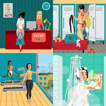 Gym interior concept banners. Reception, locker room, gymnasium Stock Illustration