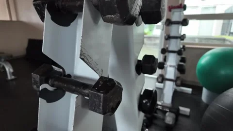 Gym Interior with Rack of Various Dumbbells and Fitness Ball Stock Footage 263929600
